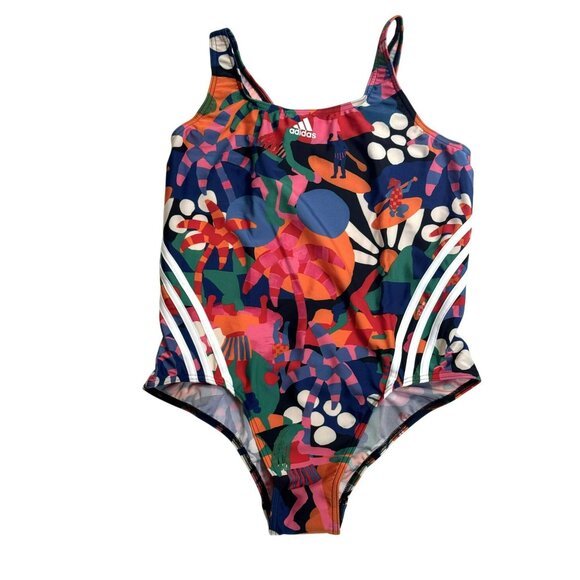Farm Rio Adidas Multi Tropical Island Party Colorful Graphic Swimsuit Sz14 NEW - Picture 2 of 9